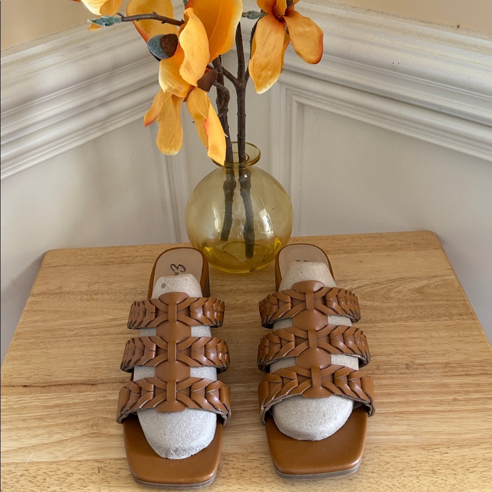 Emi Kay Braided 3-Strap Block Heel Sandals - Cognac Brown - Size 10